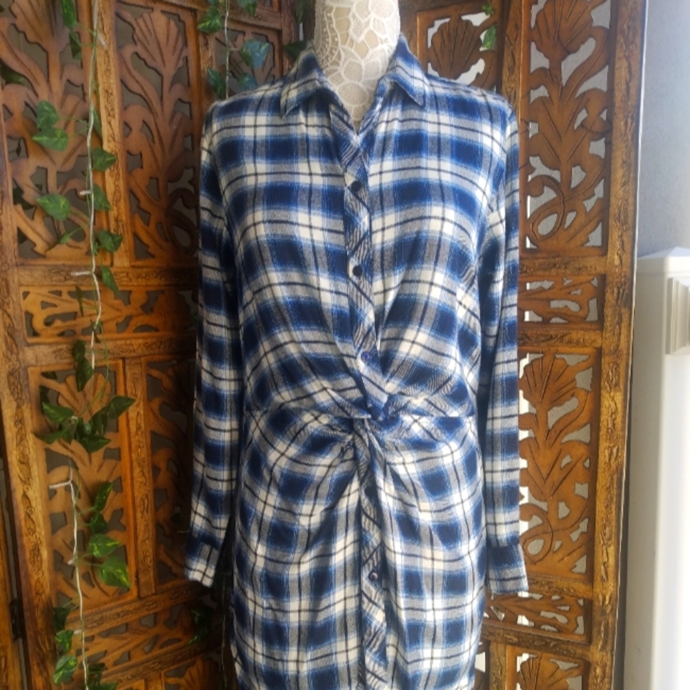 Navy Plaid Flannel Grunge Twist Front Dress, Women's  L.